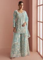 Vegaa Fashion Light Sky Blue Net Embroidered Beads Trendy Palazzo Suit | Grocsy
