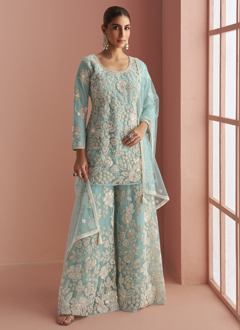 Vegaa Fashion Light Sky Blue Net Embroidered Beads Trendy Palazzo Suit | Grocsy