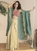 Vegaa Fashion Beige Real Chinon Silk Embroidered Shrug Style Western Suit | Grocsy