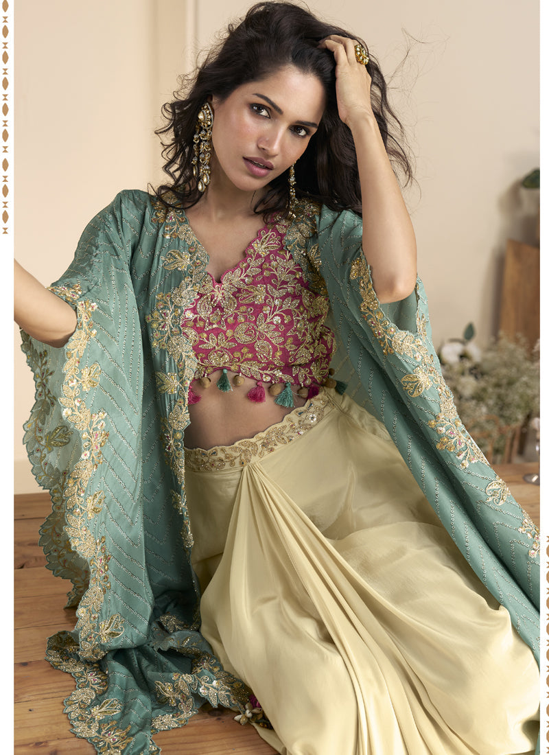 Vegaa Fashion Beige Real Chinon Silk Embroidered Shrug Style Western Suit | Grocsy