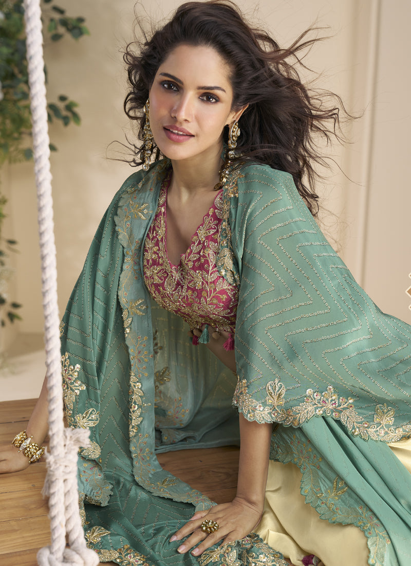 Vegaa Fashion Beige Real Chinon Silk Embroidered Shrug Style Western Suit | Grocsy