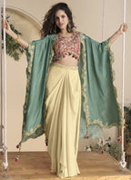 Vegaa Fashion Beige Real Chinon Silk Embroidered Shrug Style Western Suit | Grocsy