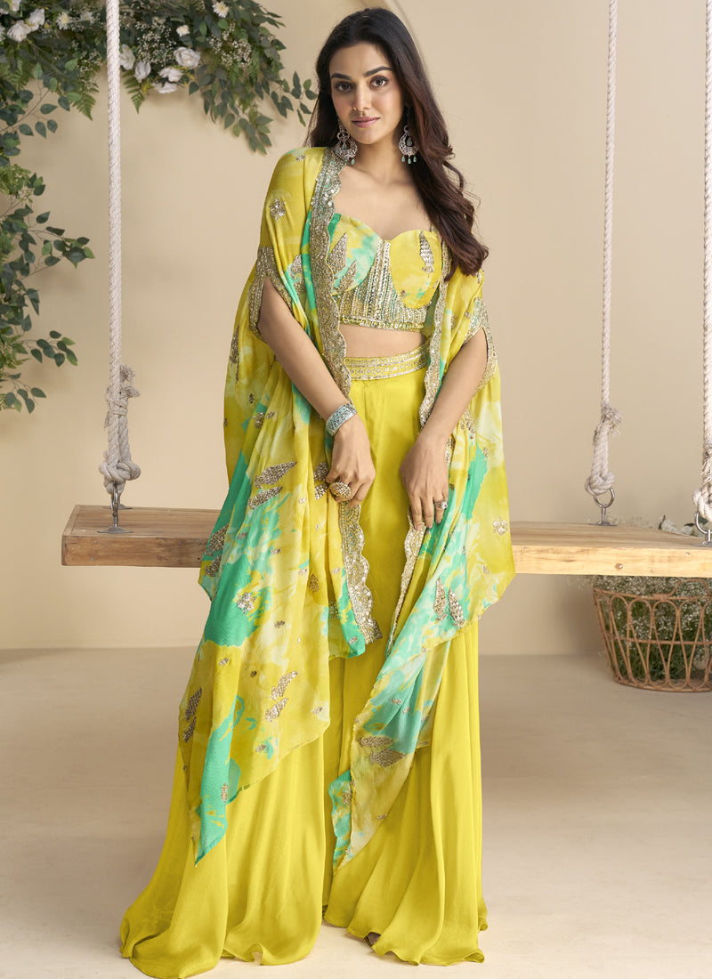 Vegaa Fashion Yellow Real Chinon Silk Embroidered Shrug Style Western Suit | Grocsy