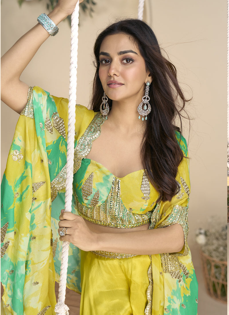 Vegaa Fashion Yellow Real Chinon Silk Embroidered Shrug Style Western Suit | Grocsy