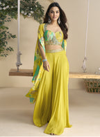 Vegaa Fashion Yellow Real Chinon Silk Embroidered Shrug Style Western Suit | Grocsy