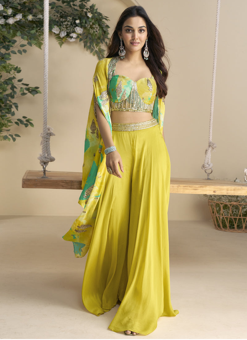 Vegaa Fashion Yellow Real Chinon Silk Embroidered Shrug Style Western Suit | Grocsy