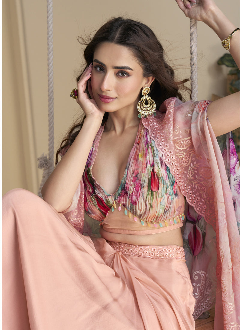 Vegaa Fashion Peach Real Chinon Silk Embroidered Shrug Style Western Suit | Grocsy
