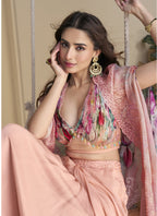 Vegaa Fashion Peach Real Chinon Silk Embroidered Shrug Style Western Suit | Grocsy