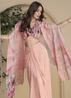 Vegaa Fashion Peach Real Chinon Silk Embroidered Shrug Style Western Suit | Grocsy