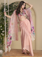 Vegaa Fashion Peach Real Chinon Silk Embroidered Shrug Style Western Suit | Grocsy
