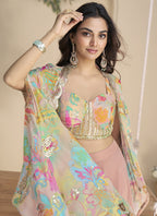 Vegaa Fashion Peach Real Chinon Silk Embroidered Shrug Style Western Suit | Grocsy