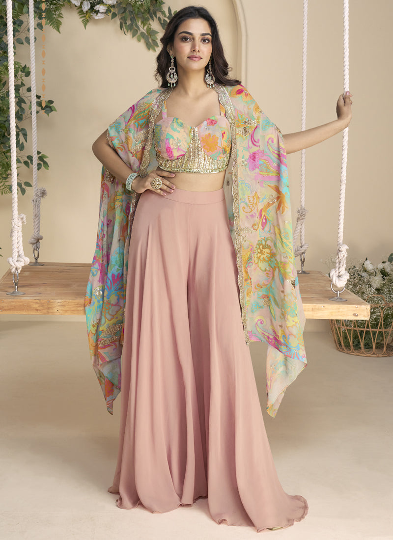 Vegaa Fashion Peach Real Chinon Silk Embroidered Shrug Style Western Suit | Grocsy