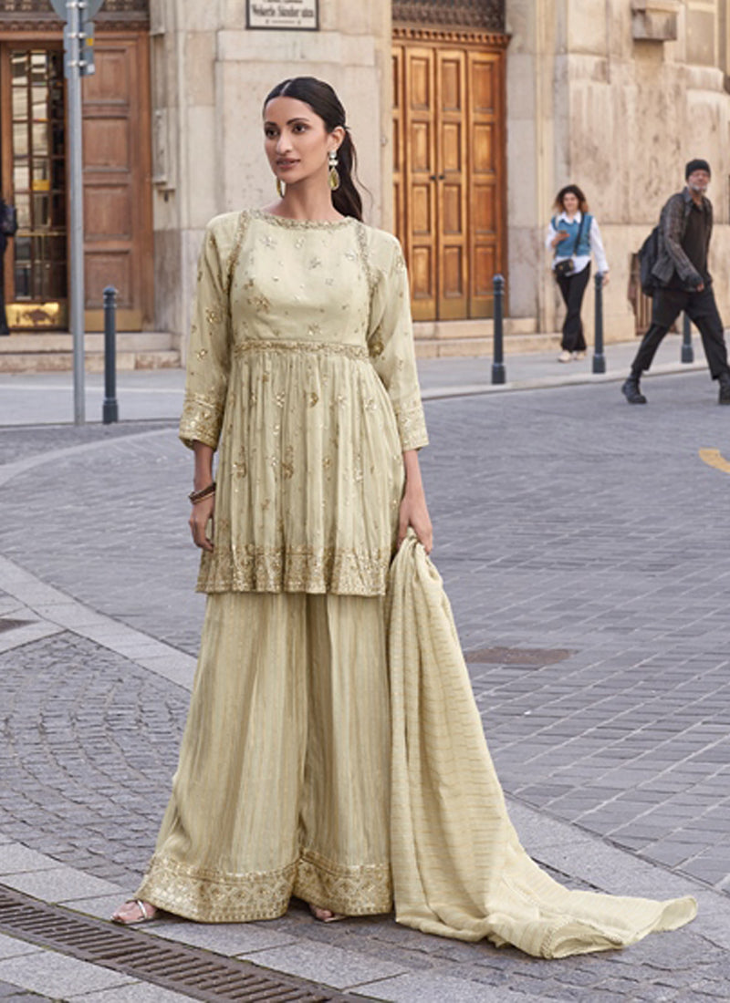 Vegaa Fashion Off White Silk Embroidered Palazzo Suit | Grocsy