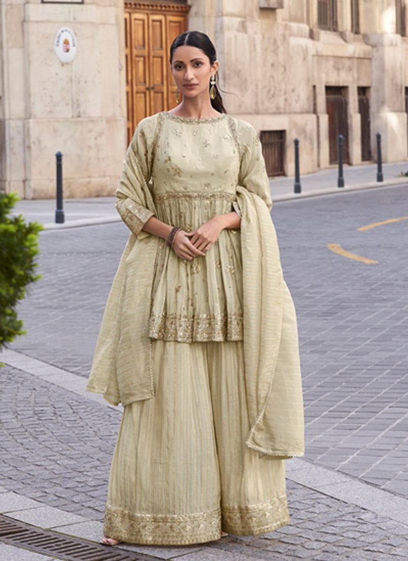 Vegaa Fashion Off White Silk Embroidered Palazzo Suit | Grocsy
