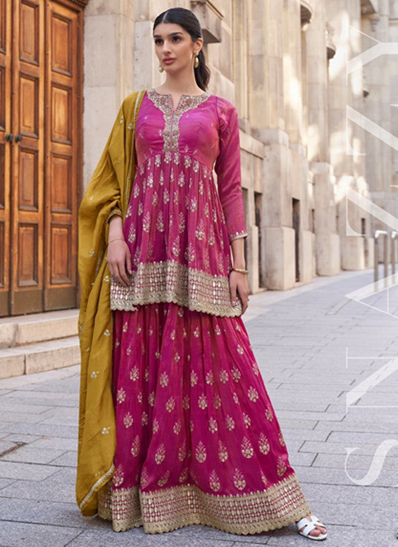 Vegaa Fashion Pink Silk Embroidered Palazzo Suit | Grocsy