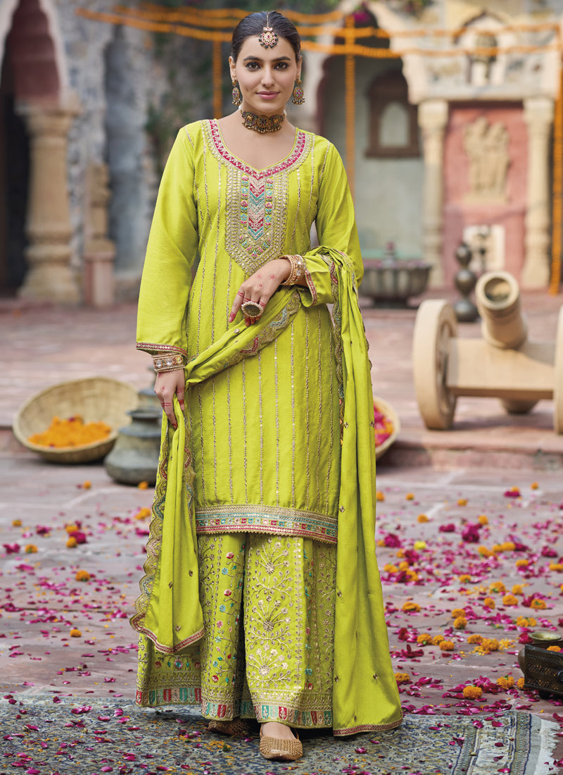Vegaa Fashion Lime Green Chinon Silk Embroidered Designer Palazzo Suit | Grocsy