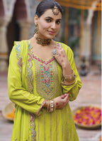 Vegaa Fashion Lime Green Chinon Silk Embroidered Designer Palazzo Suit | Grocsy