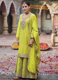 Vegaa Fashion Lime Green Chinon Silk Embroidered Designer Palazzo Suit | Grocsy