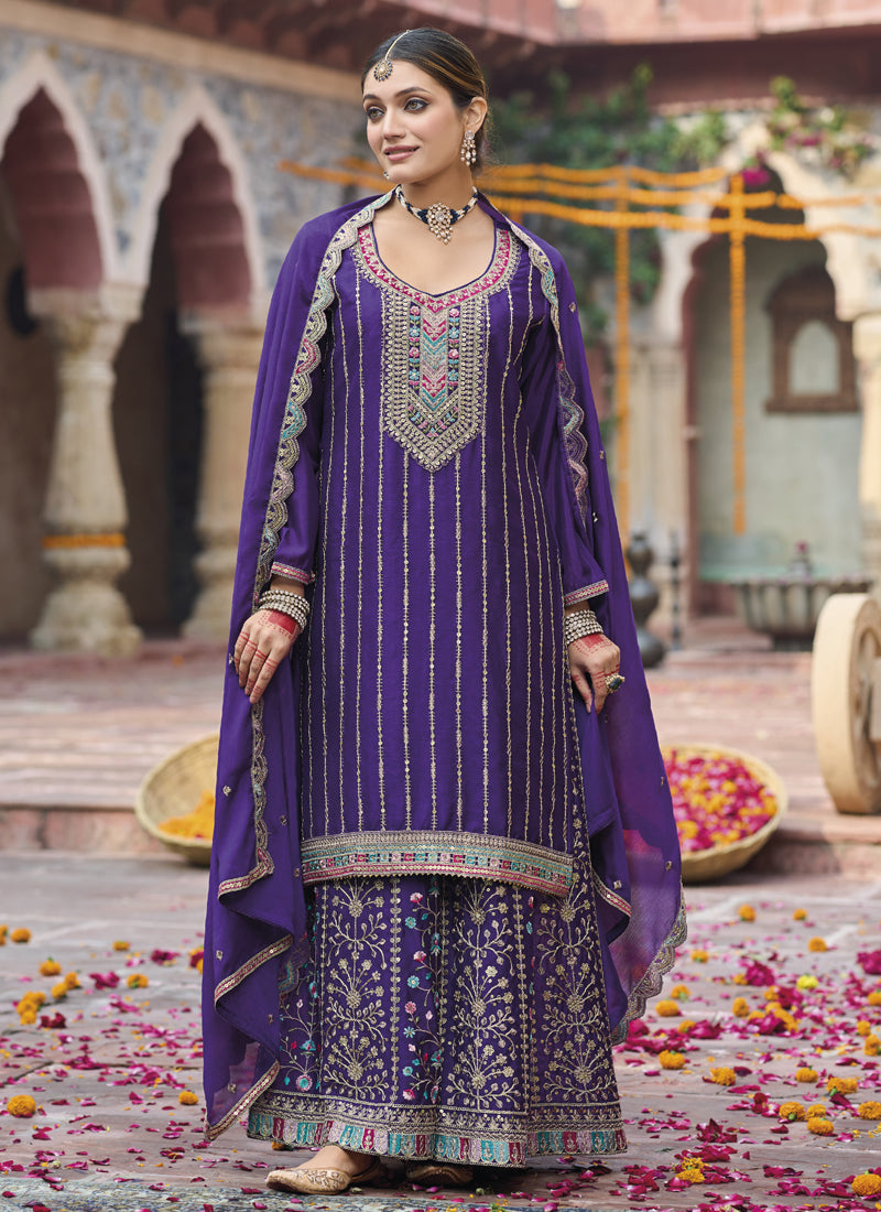 Vegaa Fashion Violet Chinon Silk Embroidered Designer Palazzo Suit | Grocsy
