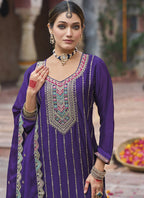 Vegaa Fashion Violet Chinon Silk Embroidered Designer Palazzo Suit | Grocsy