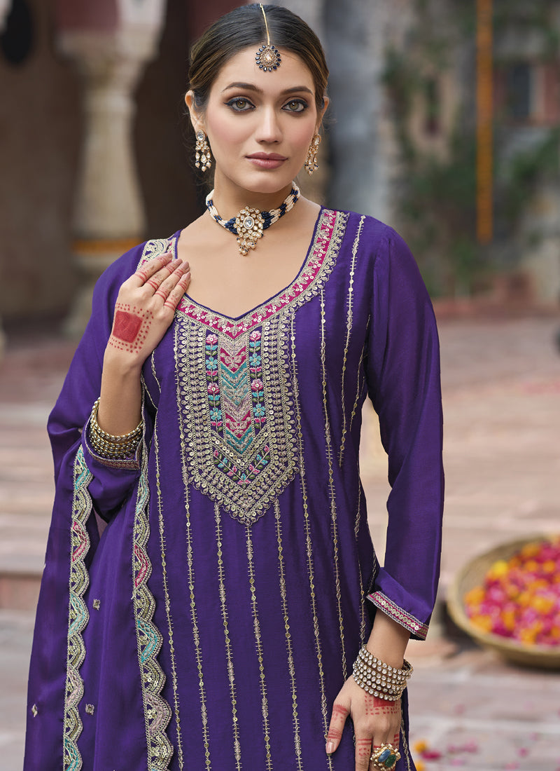 Vegaa Fashion Violet Chinon Silk Embroidered Designer Palazzo Suit | Grocsy