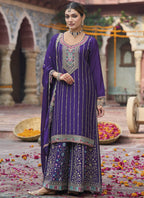 Vegaa Fashion Violet Chinon Silk Embroidered Designer Palazzo Suit | Grocsy