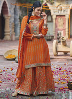Vegaa Fashion Orange Chinon Silk Embroidered Designer Palazzo Suit | Grocsy