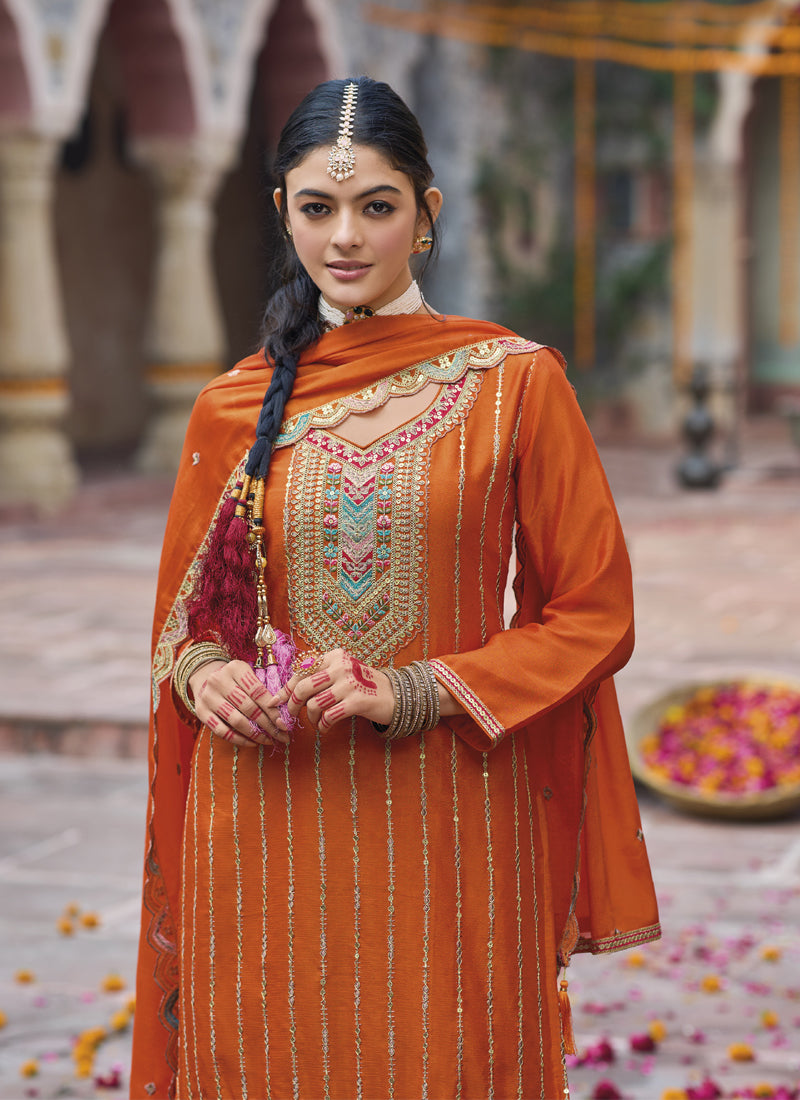 Vegaa Fashion Orange Chinon Silk Embroidered Designer Palazzo Suit | Grocsy