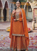 Vegaa Fashion Orange Chinon Silk Embroidered Designer Palazzo Suit | Grocsy
