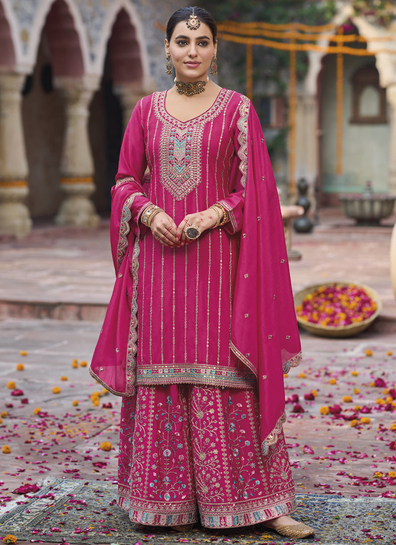 Vegaa Fashion Pink Chinon Silk Embroidered Designer Palazzo Suit | Grocsy