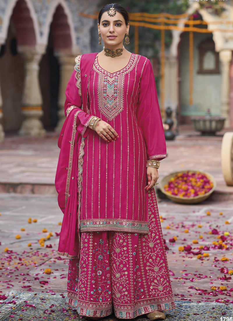 Vegaa Fashion Pink Chinon Silk Embroidered Designer Palazzo Suit | Grocsy