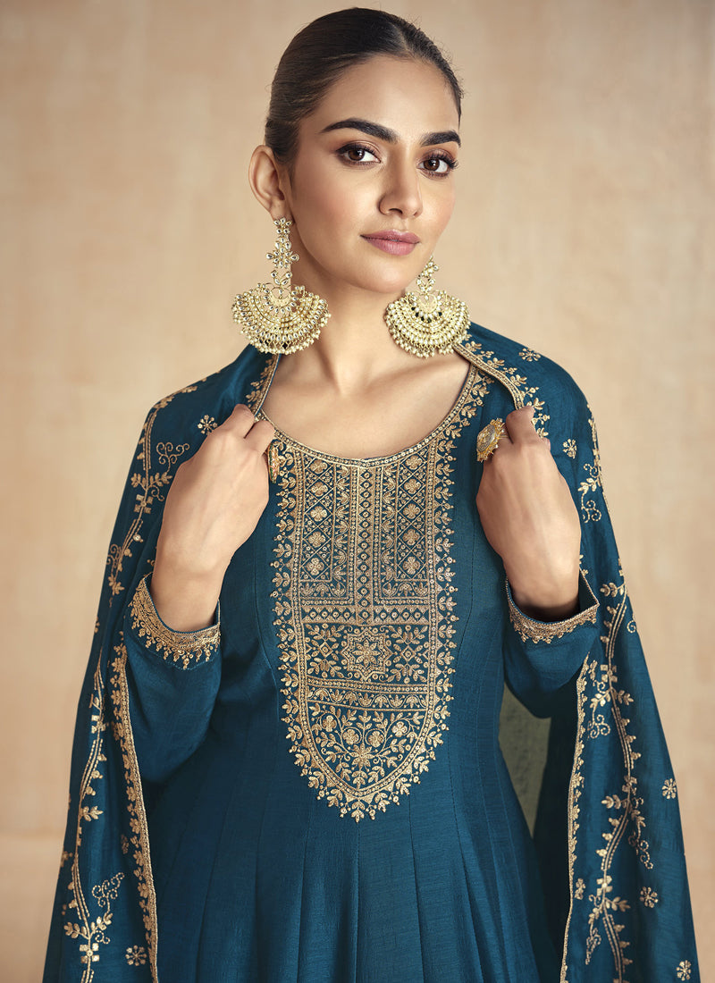 Vegaa Fashion Aqua Blue Silk Embroidered Anarkali Suit | Grocsy