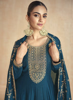Vegaa Fashion Aqua Blue Silk Embroidered Anarkali Suit | Grocsy