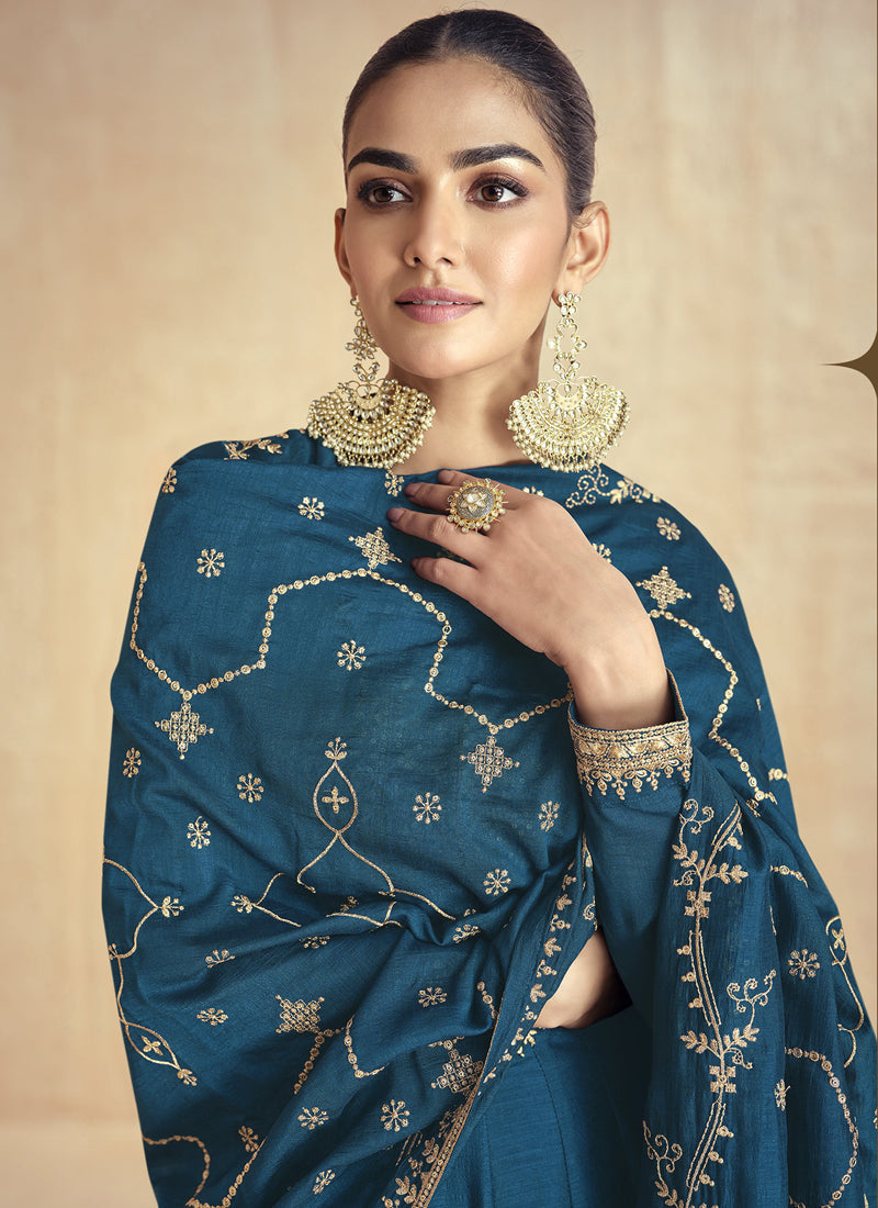 Vegaa Fashion Aqua Blue Silk Embroidered Anarkali Suit | Grocsy