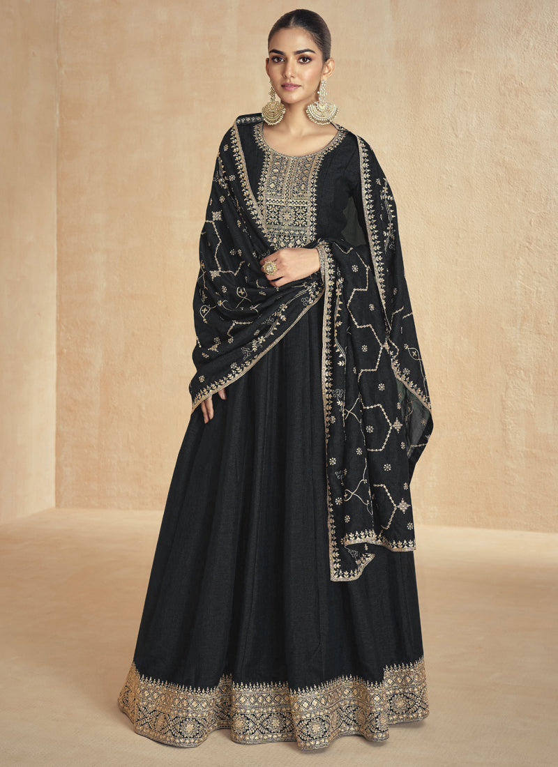 Vegaa Fashion Black Silk Embroidered Anarkali Suit | Grocsy