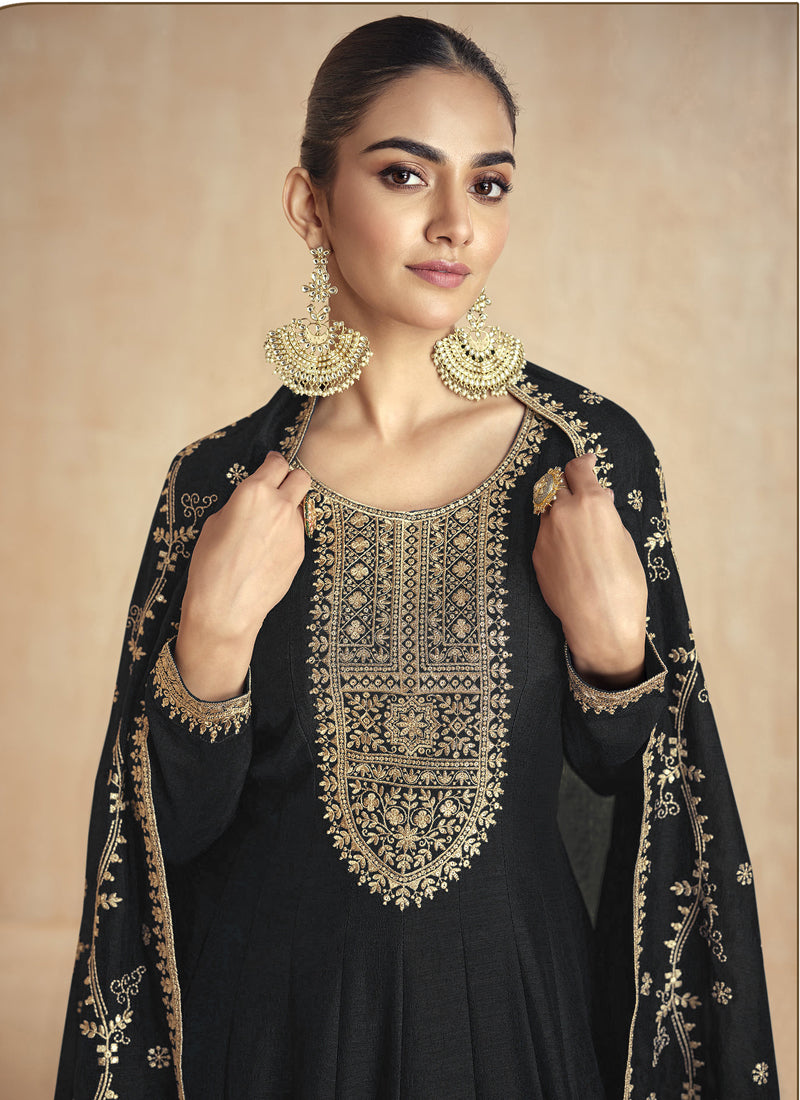Vegaa Fashion Black Silk Embroidered Anarkali Suit | Grocsy