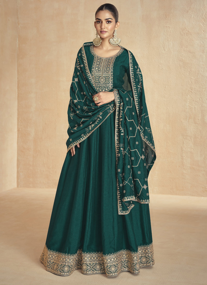 Vegaa Fashion Green Silk Embroidered Anarkali Suit | Grocsy