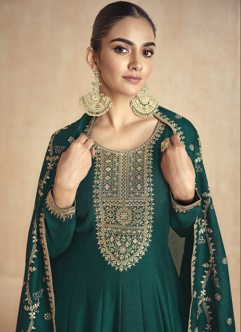 Vegaa Fashion Green Silk Embroidered Anarkali Suit | Grocsy