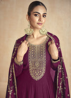Vegaa Fashion Wine Silk Embroidered Anarkali Suit | Grocsy