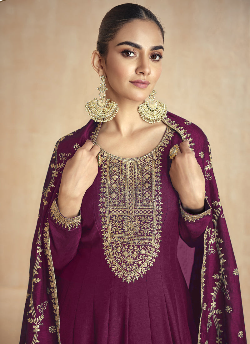 Vegaa Fashion Wine Silk Embroidered Anarkali Suit | Grocsy