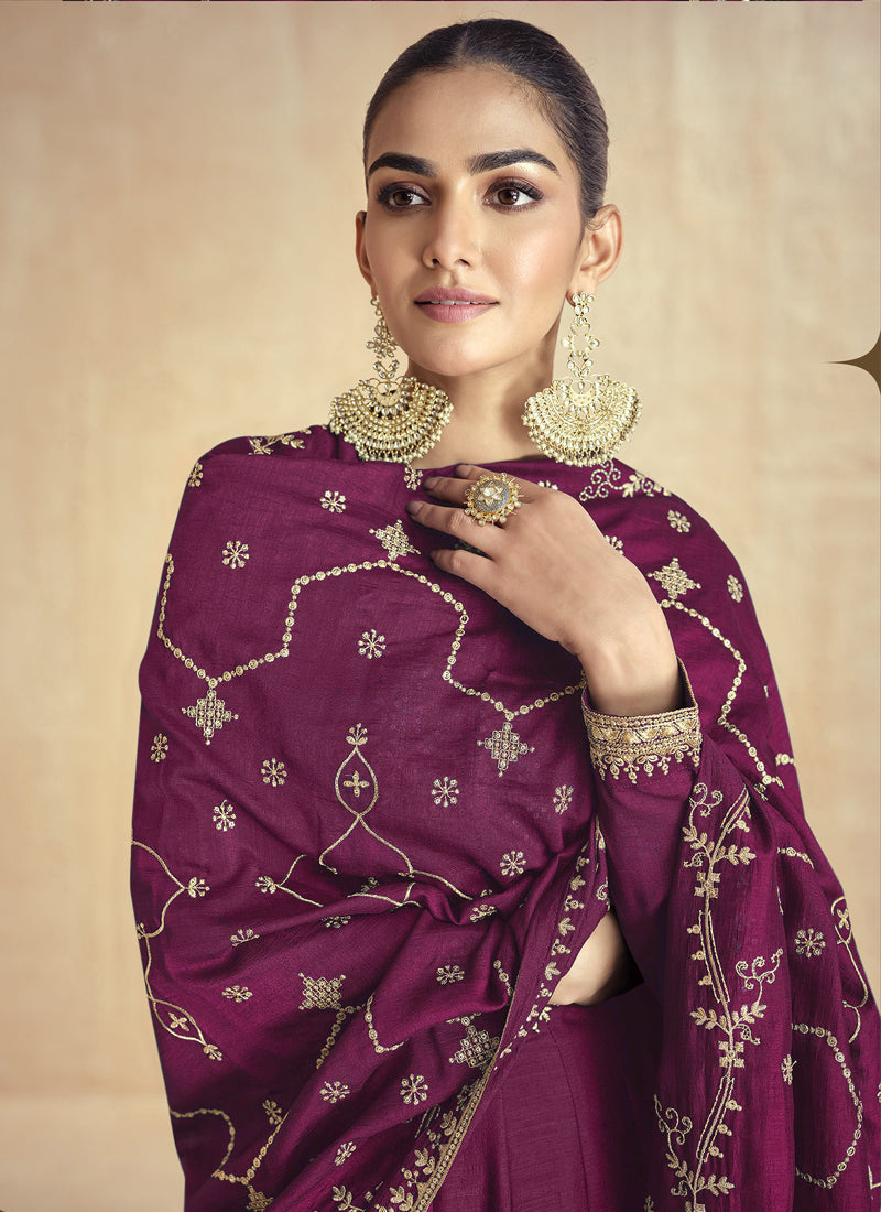 Vegaa Fashion Wine Silk Embroidered Anarkali Suit | Grocsy