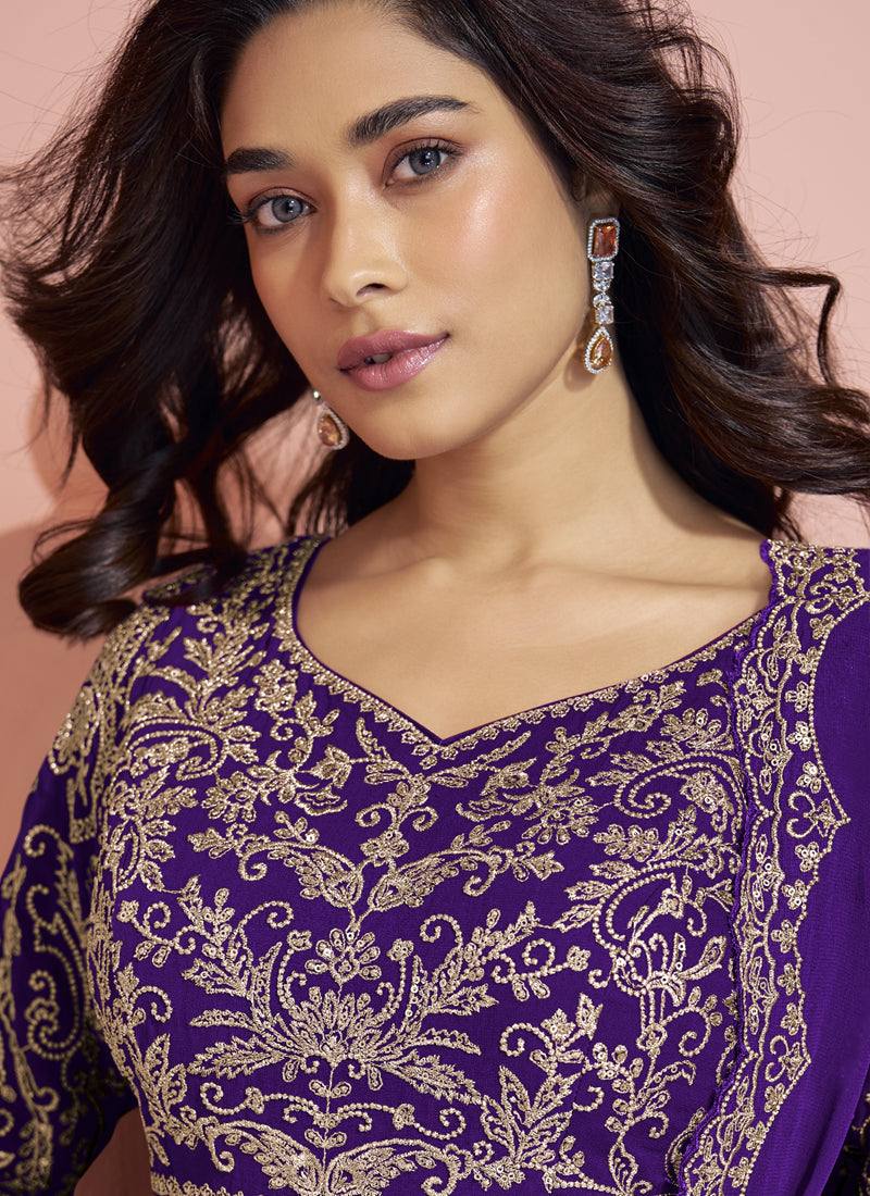 Vegaa Fashion Violet Georgette Embroidered designer Sharara Suit | Grocsy