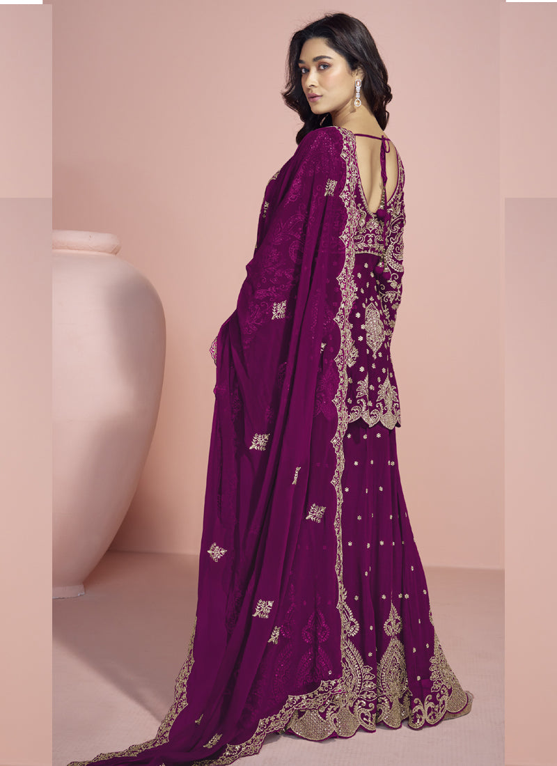 Vegaa Fashion Wine Georgette Embroidered designer Sharara Suit | Grocsy