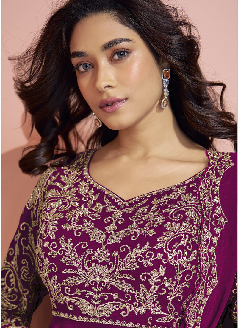 Vegaa Fashion Wine Georgette Embroidered designer Sharara Suit | Grocsy
