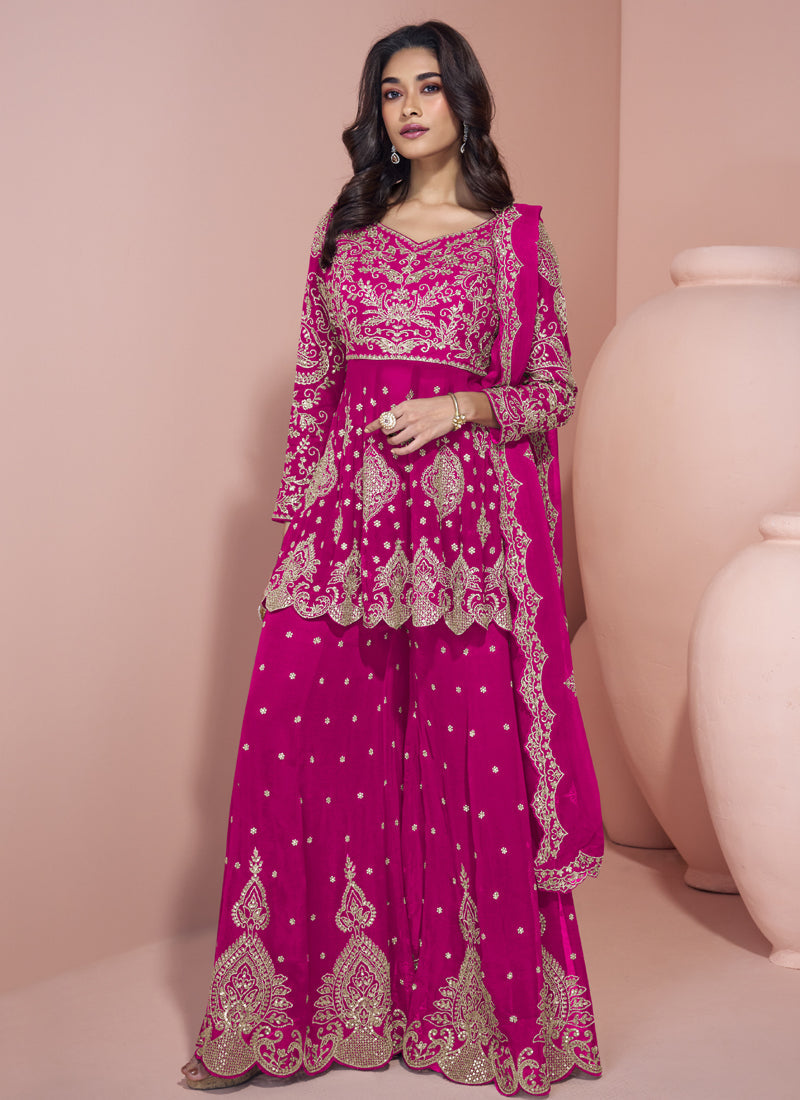 Vegaa Fashion Pink Georgette Embroidereddesigner Sharara Suit | Grocsy