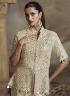 Vegaa Fashion Cream Georgette Embroidered Palazzo Suit | Grocsy
