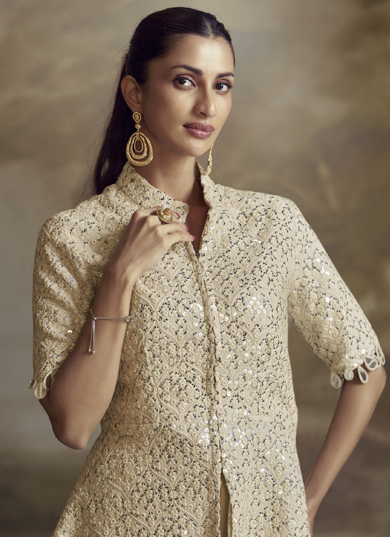 Vegaa Fashion Cream Georgette Embroidered Palazzo Suit | Grocsy