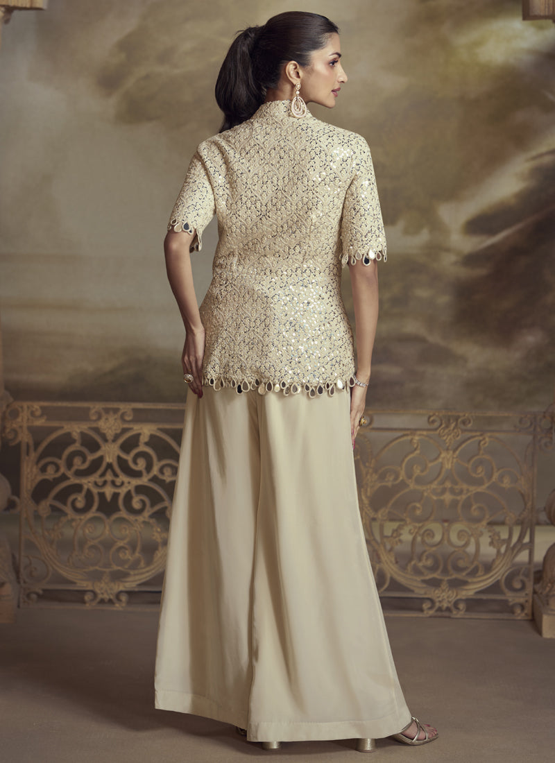 Vegaa Fashion Cream Georgette Embroidered Palazzo Suit | Grocsy