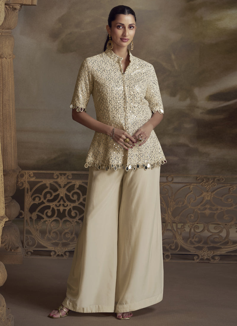 Vegaa Fashion Cream Georgette Embroidered Palazzo Suit | Grocsy