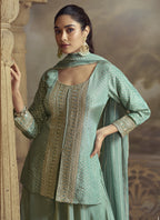 Vegaa Fashion Sky Blue Viscose Simar Butti Embroidered Palazzo Suit | Grocsy